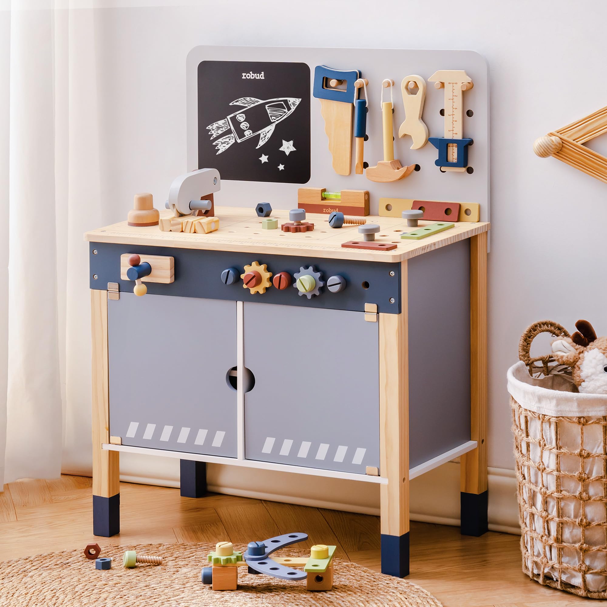 Tools Workshop Kids - โต๊ะทำงานของเล่นไม้ ROBUD ชุดสร้างสรรค์สำหรับเล่นบทบาทสมมติ ชุดเครื่องมือก่อสร้าง ของเล่นโต๊ะช่าง ของขวัญสุดพิเศษสำหรับเด็กอายุ