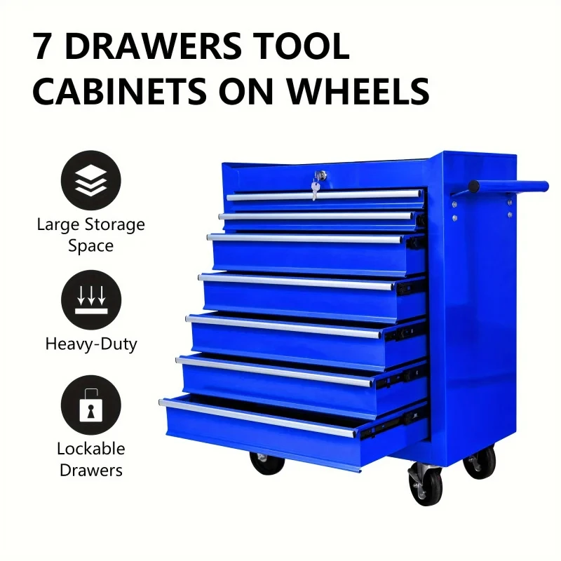 Workshop Tools Car - รถเข็นเครื่องมืออเนกประสงค์สีน้ำเงิน 7 ลิ้นชักพร้อมล้อ, รถเข็นเครื่องมือซ่อมรถยนต์, ตู้เก็บเครื่องมือสำหรับงานซ่อม